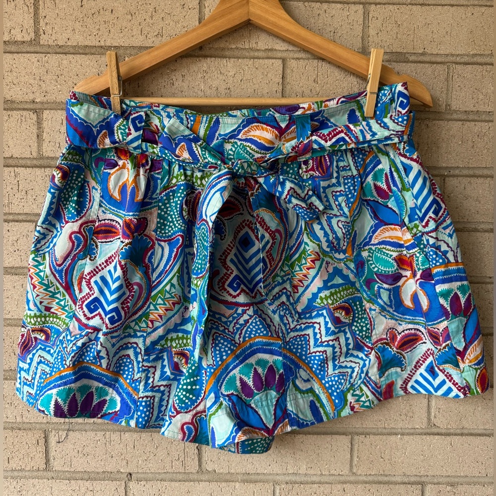 Marie Oliver Tedi Short Morpho 2” Inseam Tie High Waist Blue/Green Patterned 8